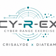 logo bleu et gris sur lequel est écrit CY-R-EX CYBER RANGE EXERCISE CRISALYDE X DIATEAM